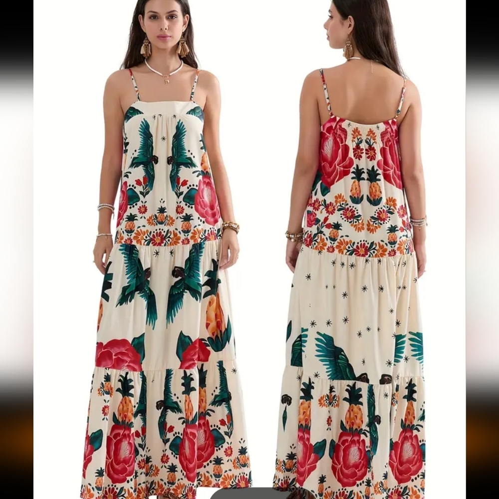 Beautiful tribal print in luxurious bright colored print square neck maxi dress - Picture 2 of 13